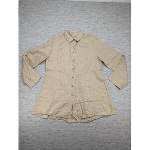 Soft Surroundings Linen Button Down Tunic Top Ruffle‎ Collared Beige Medium